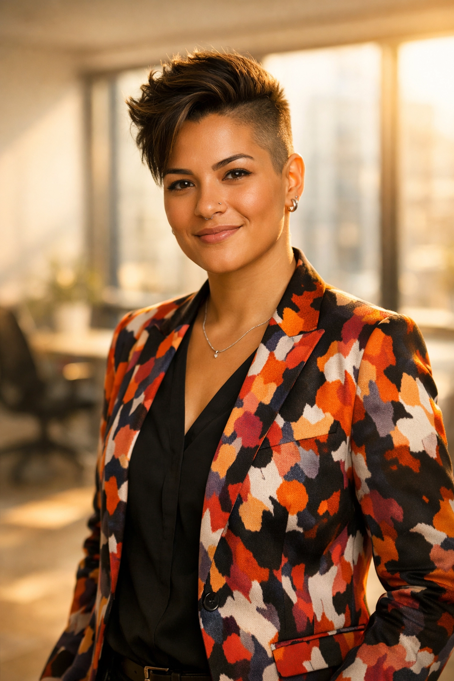 Empowered non-binary professional in a modern office, showcasing authentic queer leadership for LGBTQ+ pros.