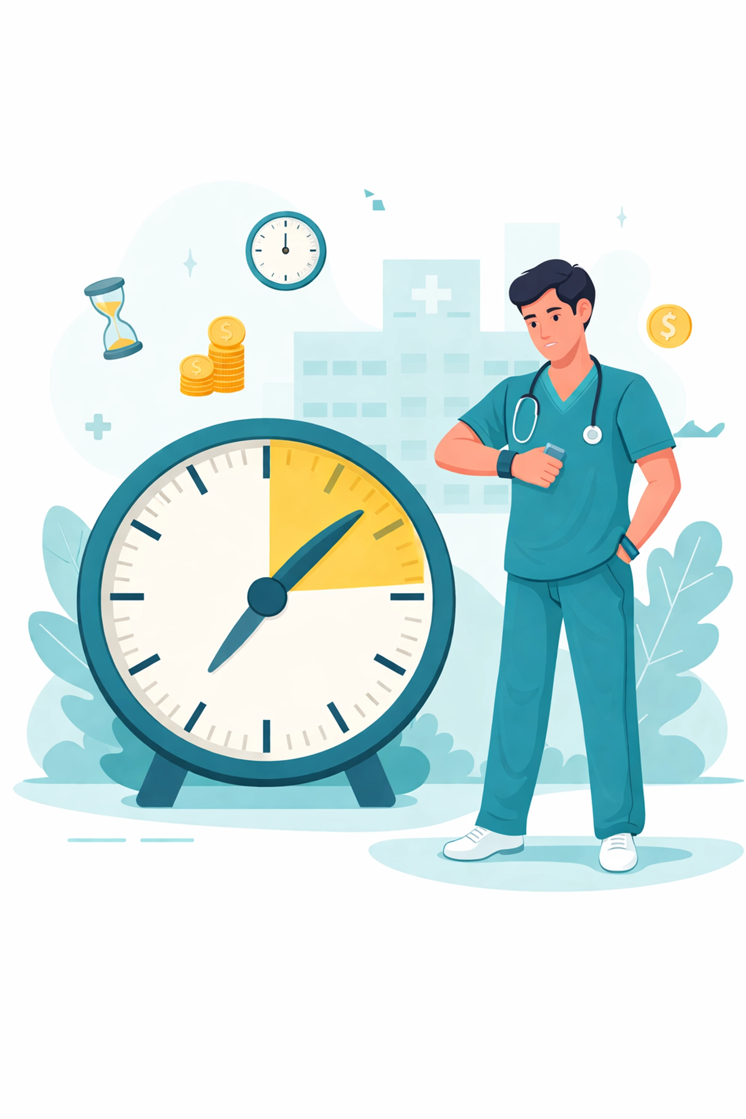 Healthcare worker checking overtime hours beside hospital, highlighting overtime pay and tax considerations in 2026