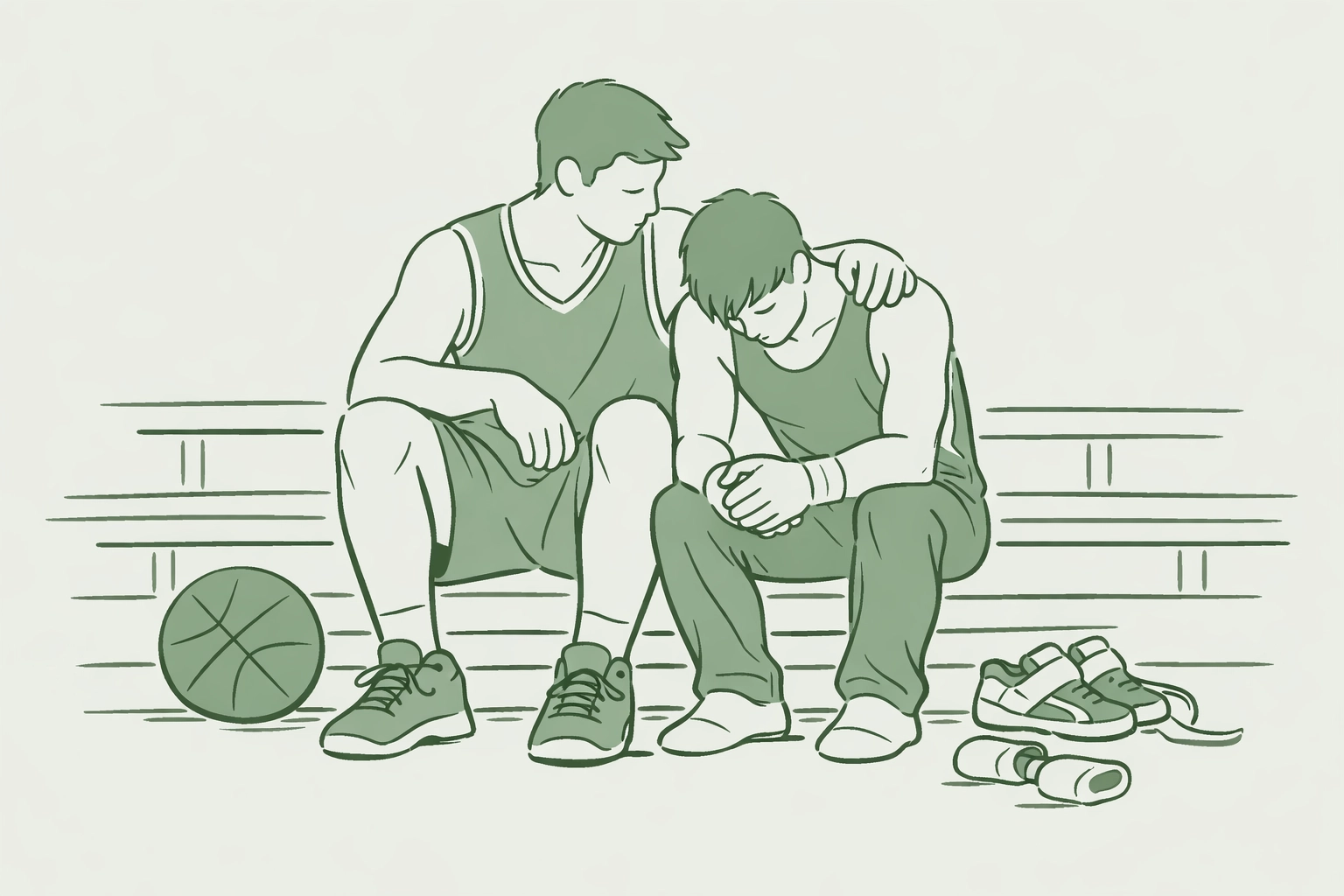 Gay athletes sharing vulnerable moment together on bleachers showing emotional support