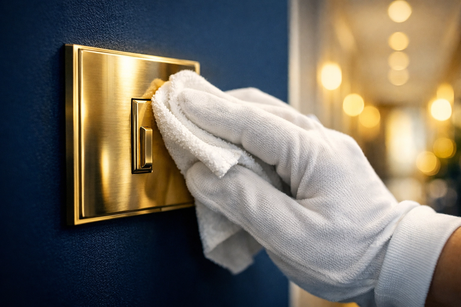 Sanitizing high-touch light switches as part of comprehensive deep cleaning services in Massachusetts.