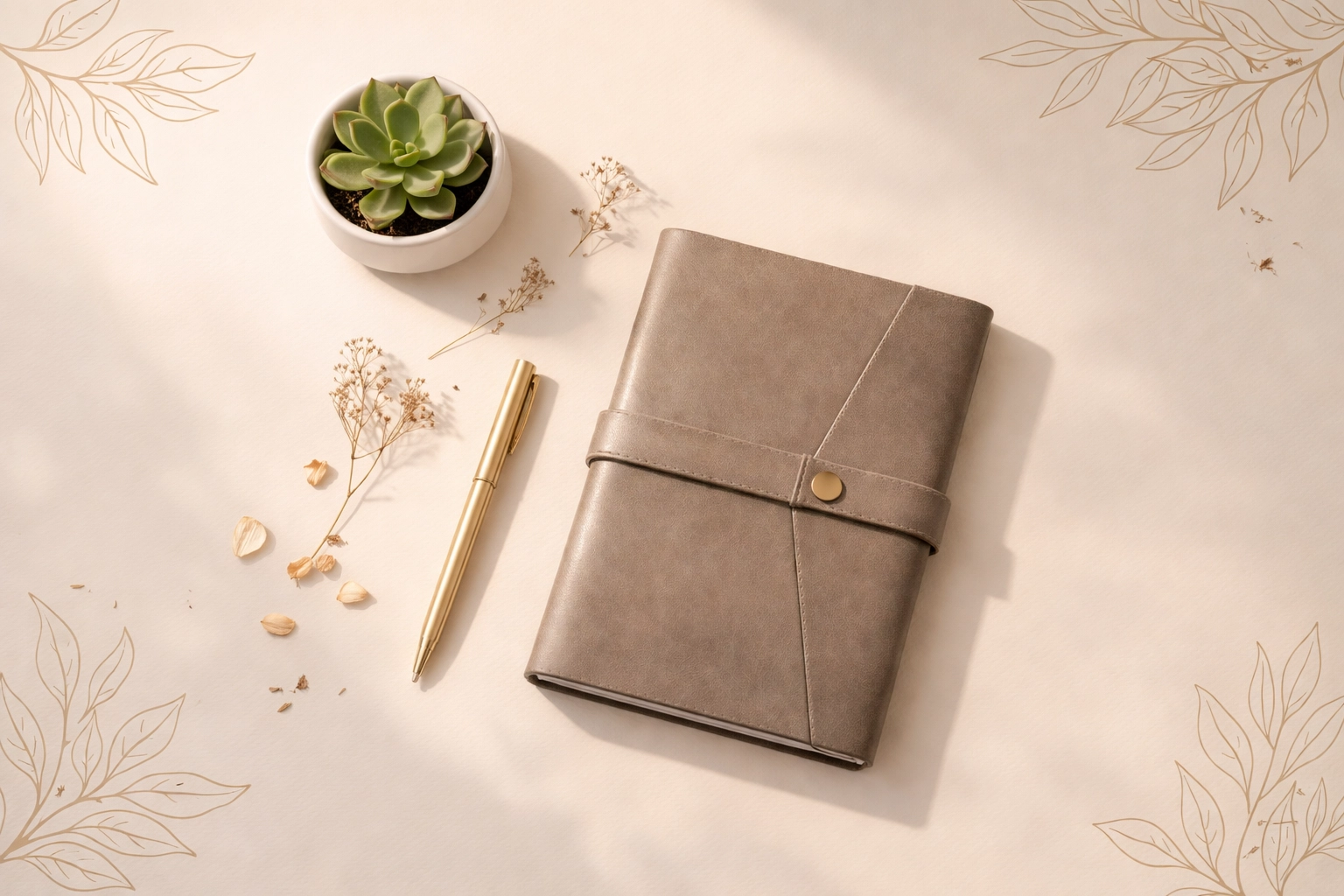 Carnet en cuir, stylo doré et plantes sur fond crème, évoquant l’organisation professionnelle alignée au Human Design