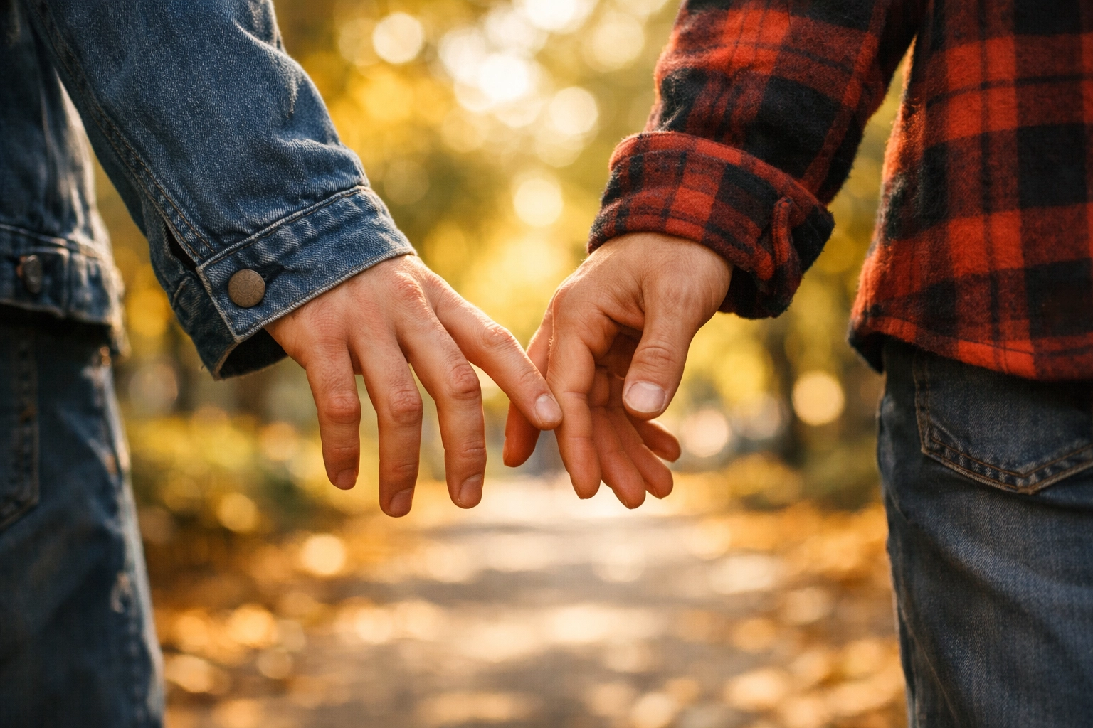 A close-up of two men's hands nearly touching during a walk, representing a friends-to-lovers journey.
