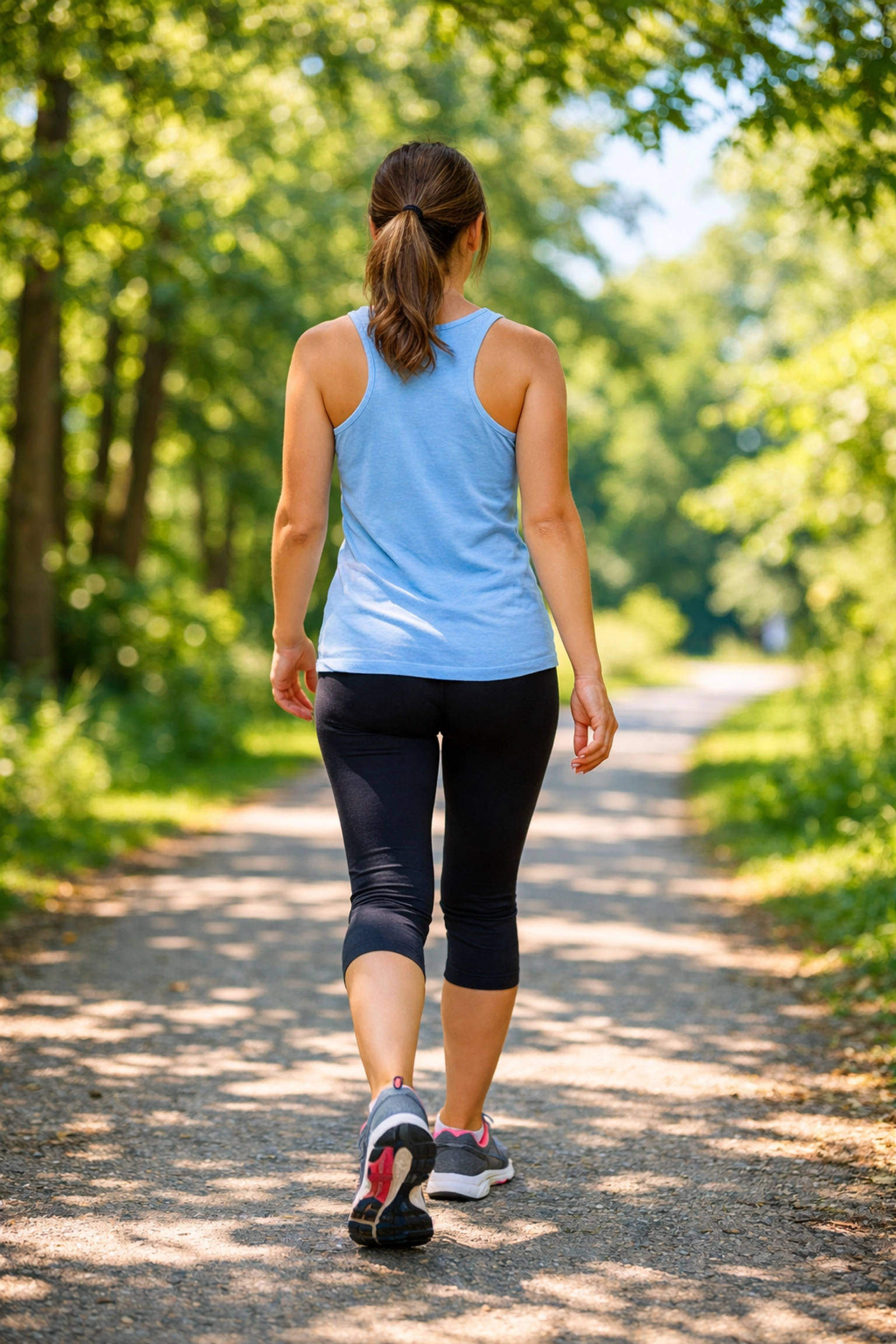 Woman taking relaxing outdoor walk in nature for stress relief and energy reset