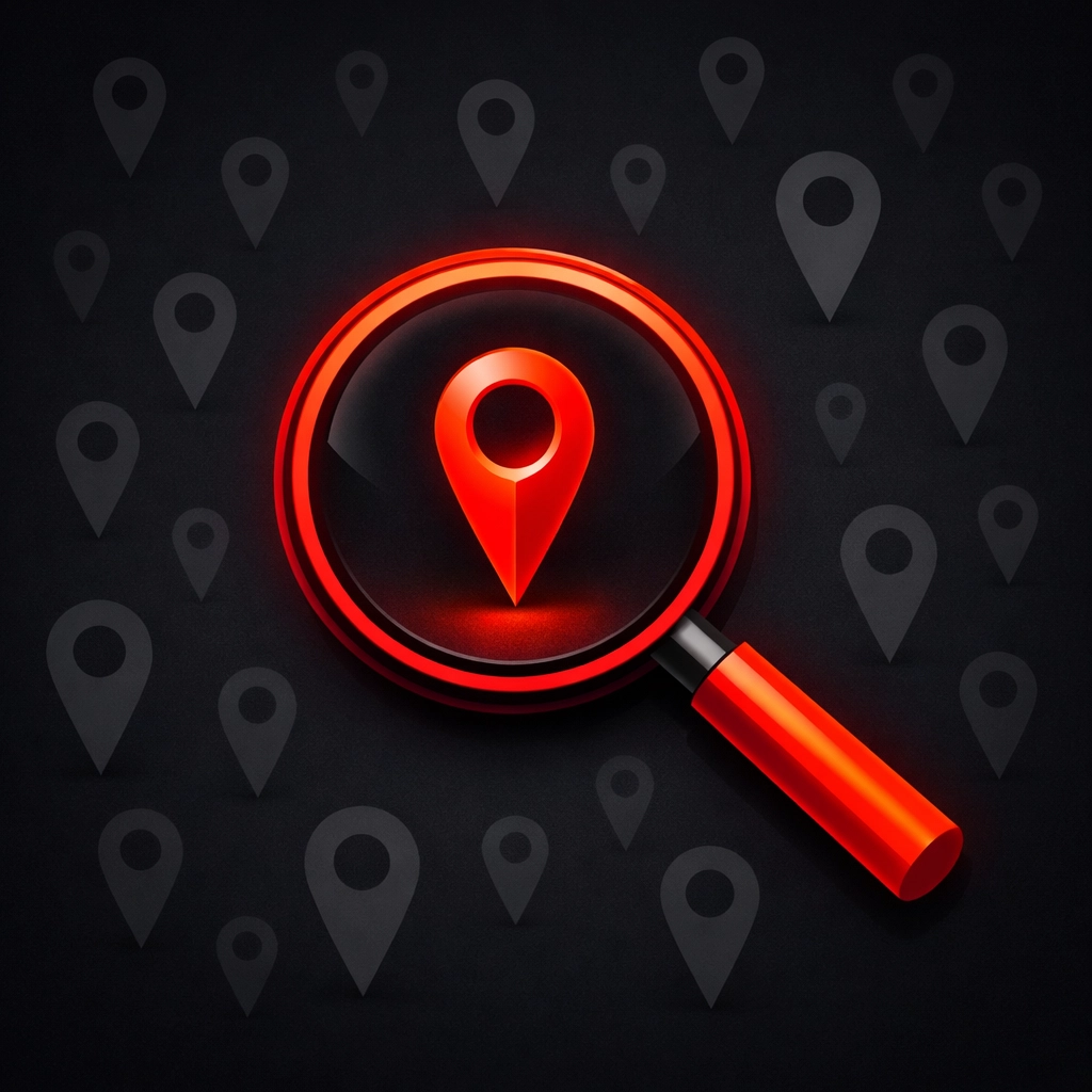 Illustration of a magnifying glass highlighting a local service area pin for tradesperson website SEO.