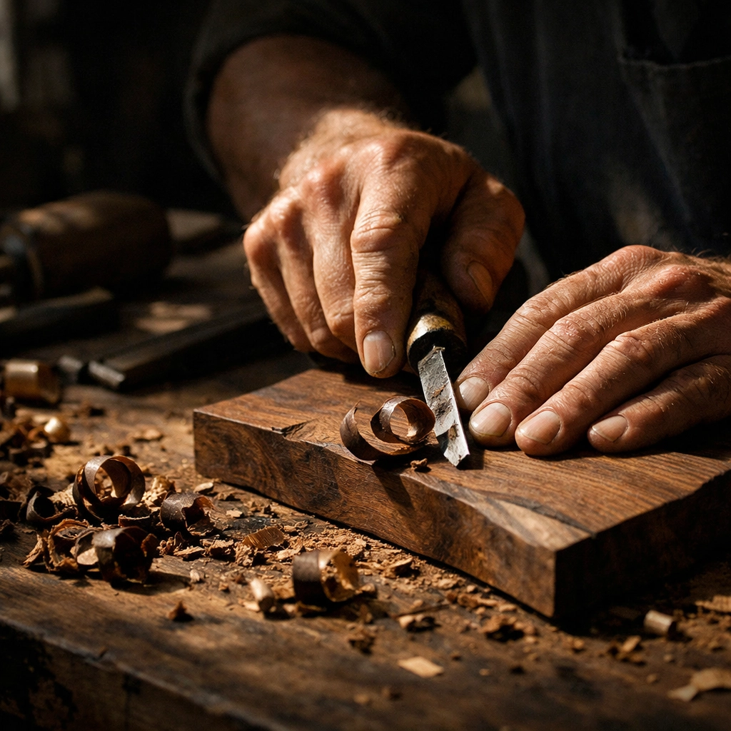 Close-up of a local artisan carving wood, representing authentic and curated travel journeys.