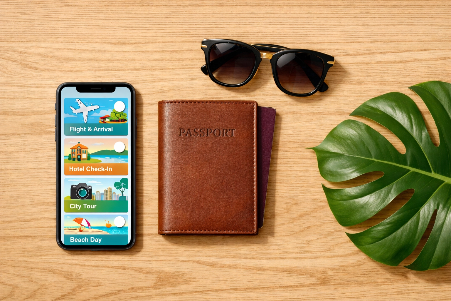 Organized travel itinerary on a smartphone with a passport and sunglasses for a stress-free group trip.