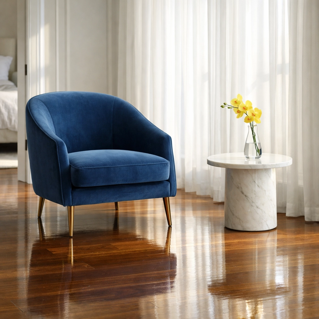 Hyper-clean luxury master suite with high-gloss floors, demonstrating professional Hopkinton residential cleaning results.