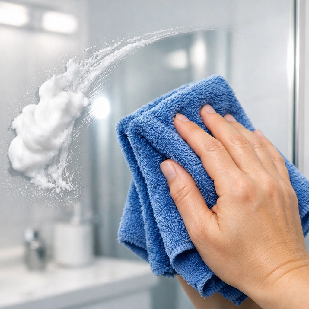 Cleaning a bathroom mirror with shaving cream for a streak-free look during weekly house cleaning.