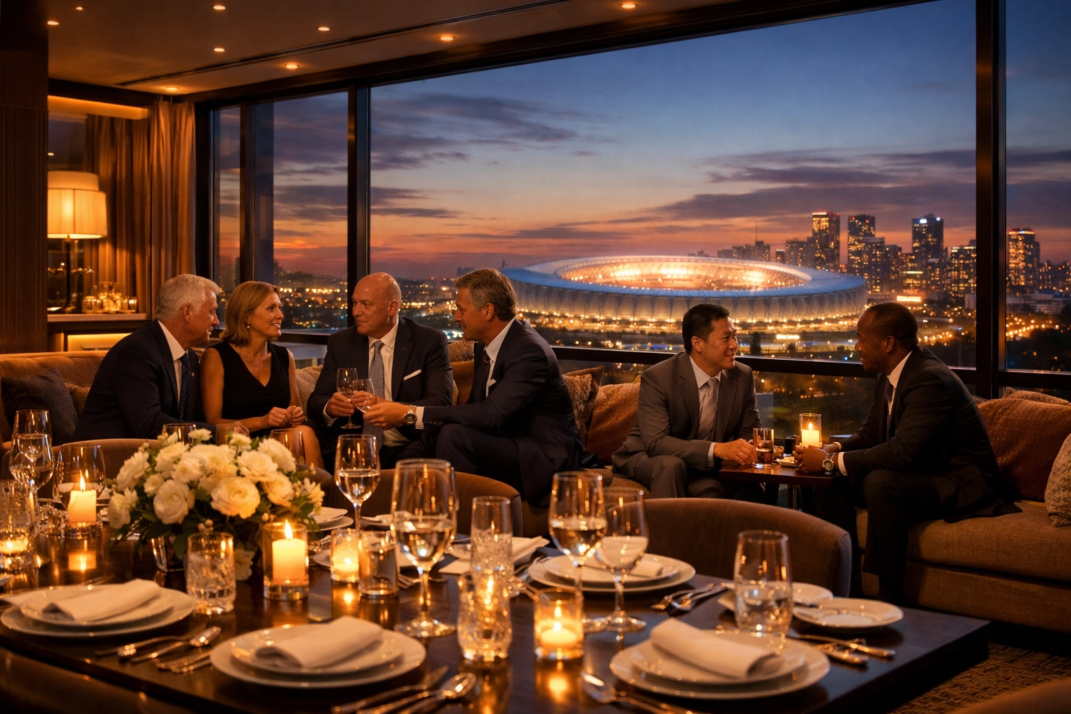 Executives networking at an exclusive Super Bowl corporate hospitality dinner in a luxury penthouse lounge.