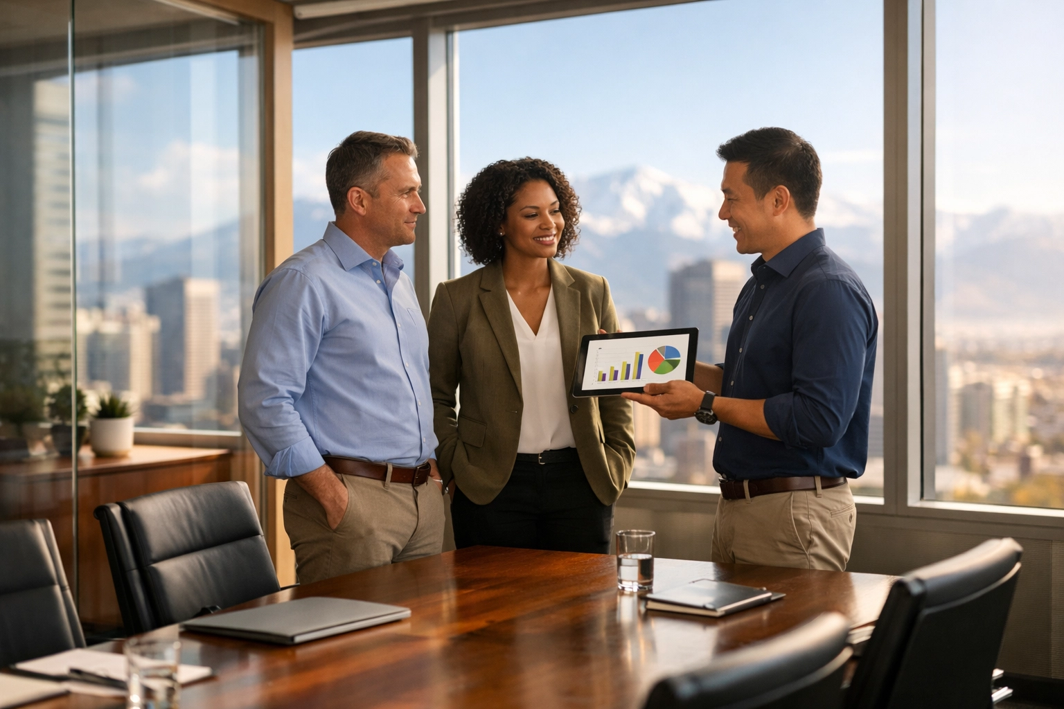 Business professionals in a Denver boardroom scaling brand partnership strategies through strategic data analysis.