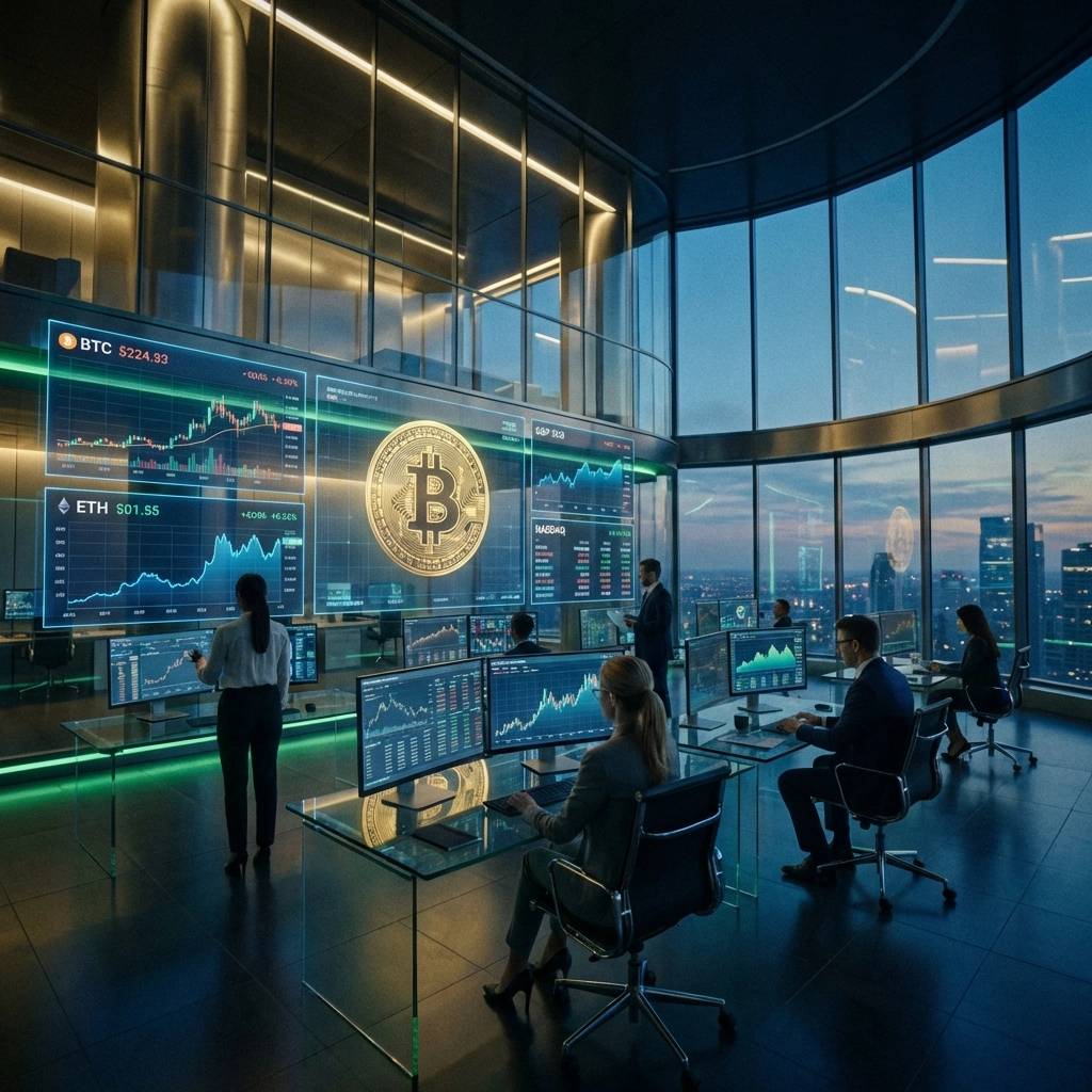Institutional investors analyzing cryptocurrency and stock market data in a modern financial hub