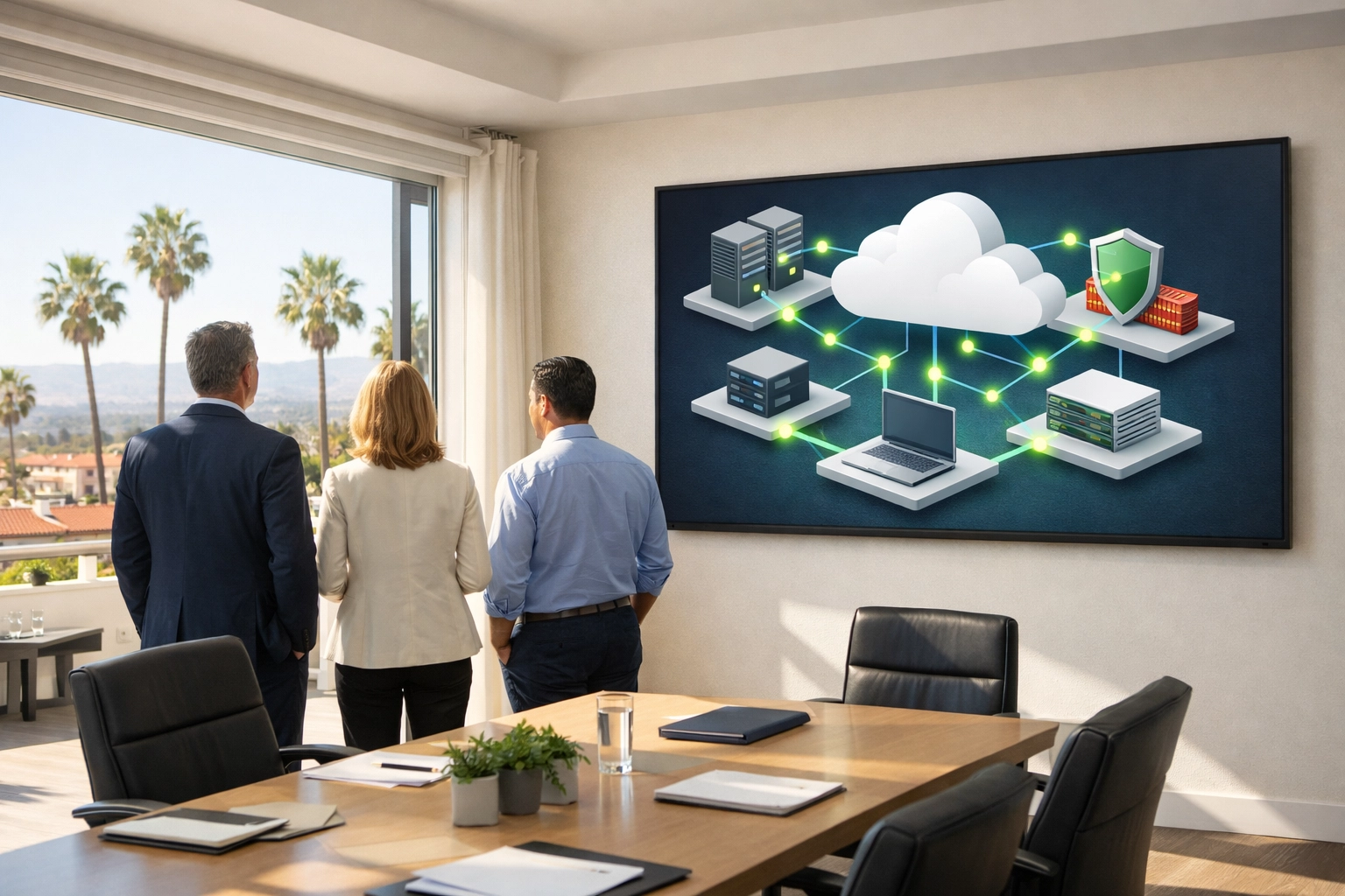 Business professionals in a Santa Barbara boardroom reviewing secure cloud computing and CMMC compliance plans.