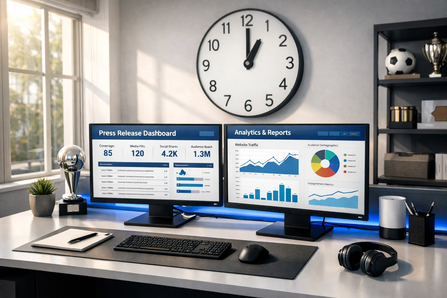 Sports marketing agency workspace with press release automation dashboard at 1PM