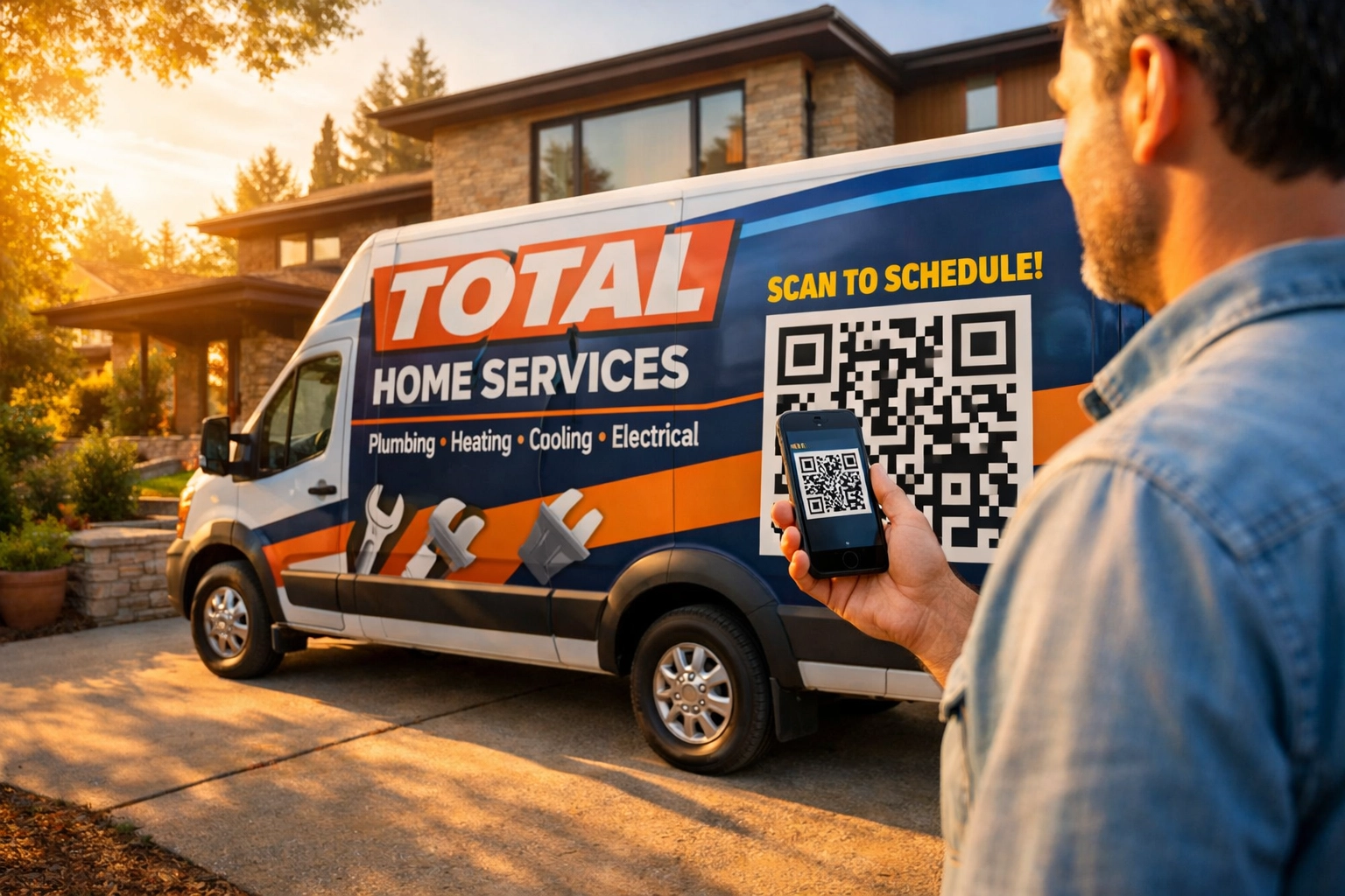 Local resident scanning a QR code on a parked trade vehicle to view business reviews and services.