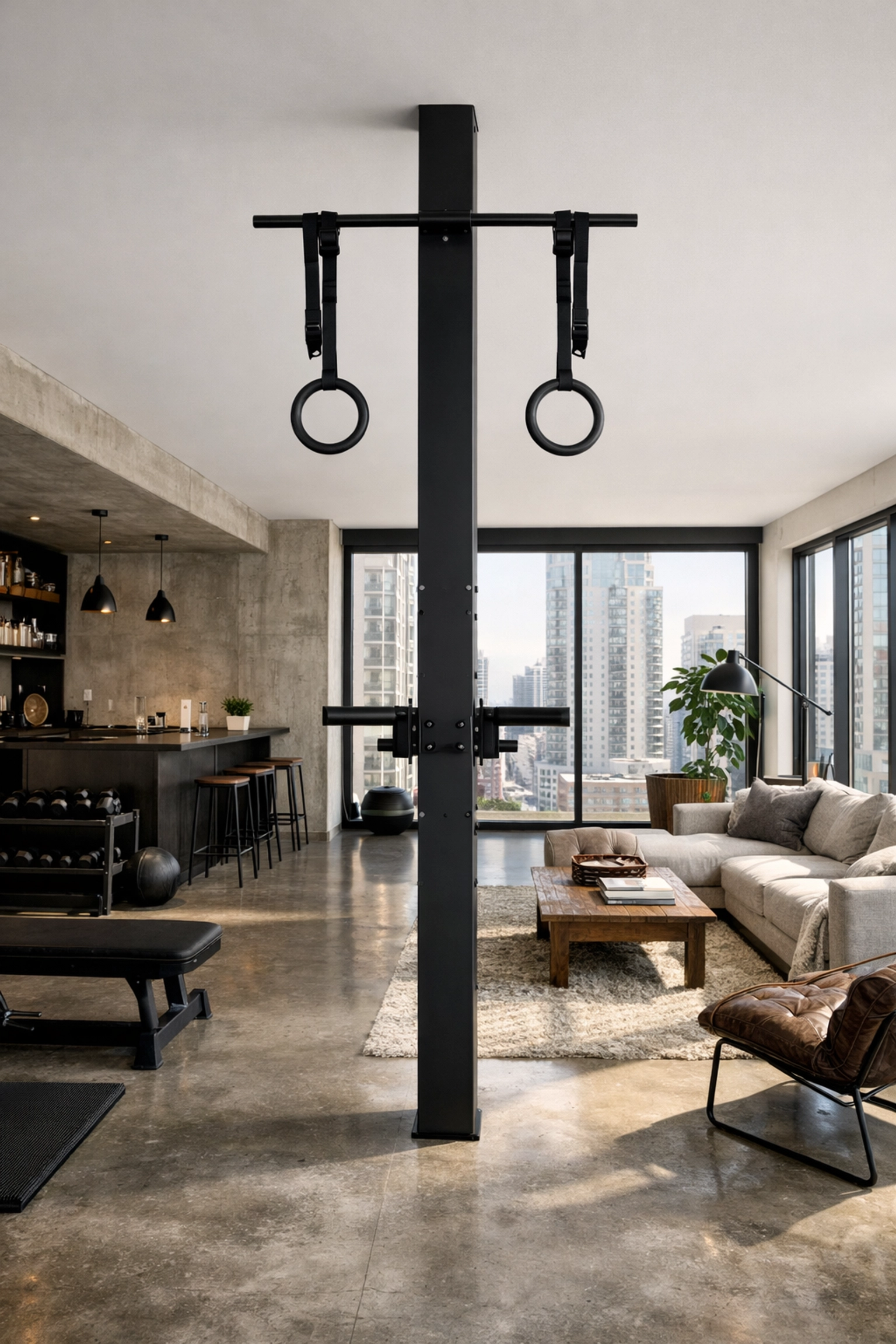 A sleek floor to ceiling gym rail installed in a modern apartment using a no wall damage workout system.