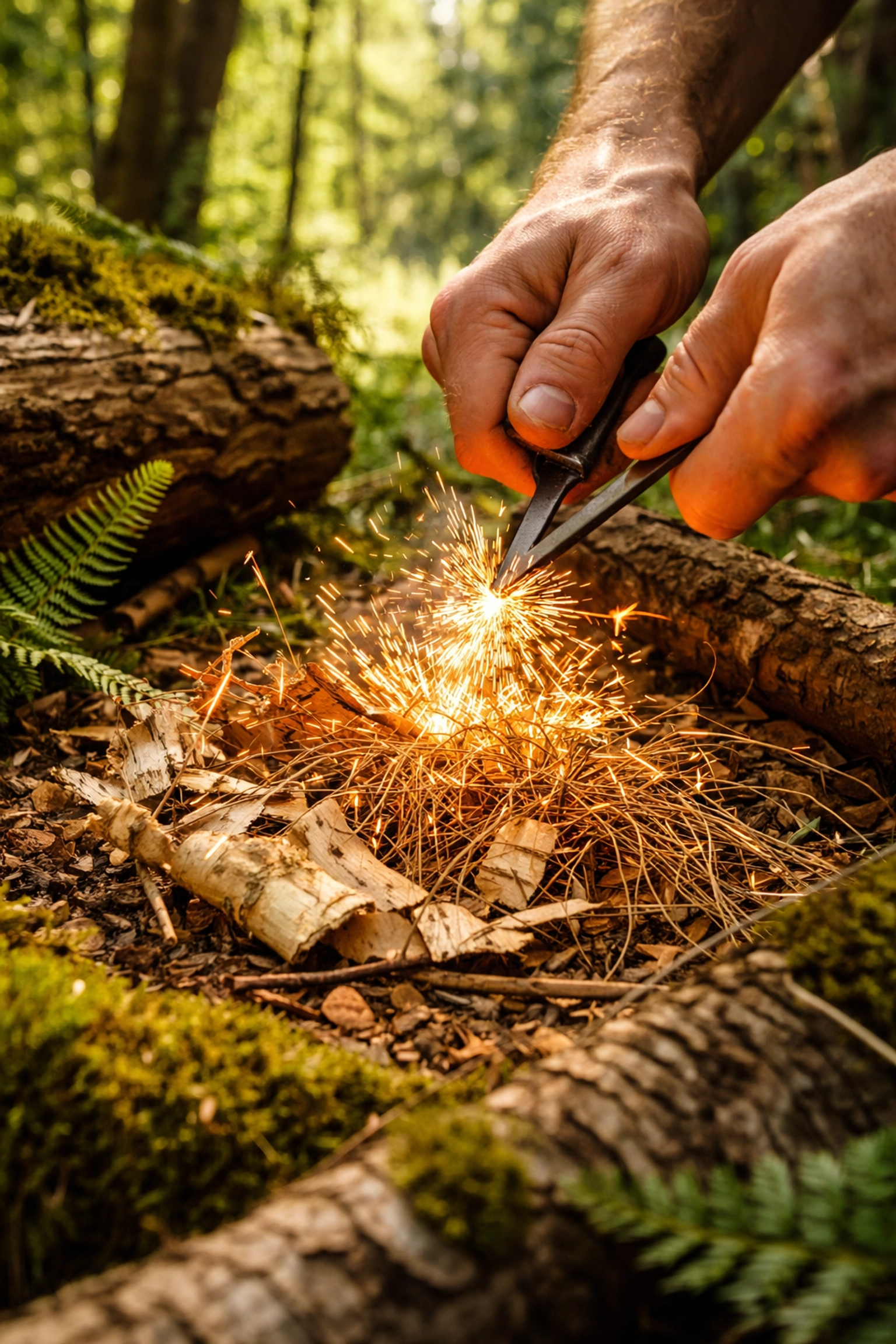 Close-up of hands sparking a fire with birch bark tinder in a UK woodland, essential fire-starting skill for camping.