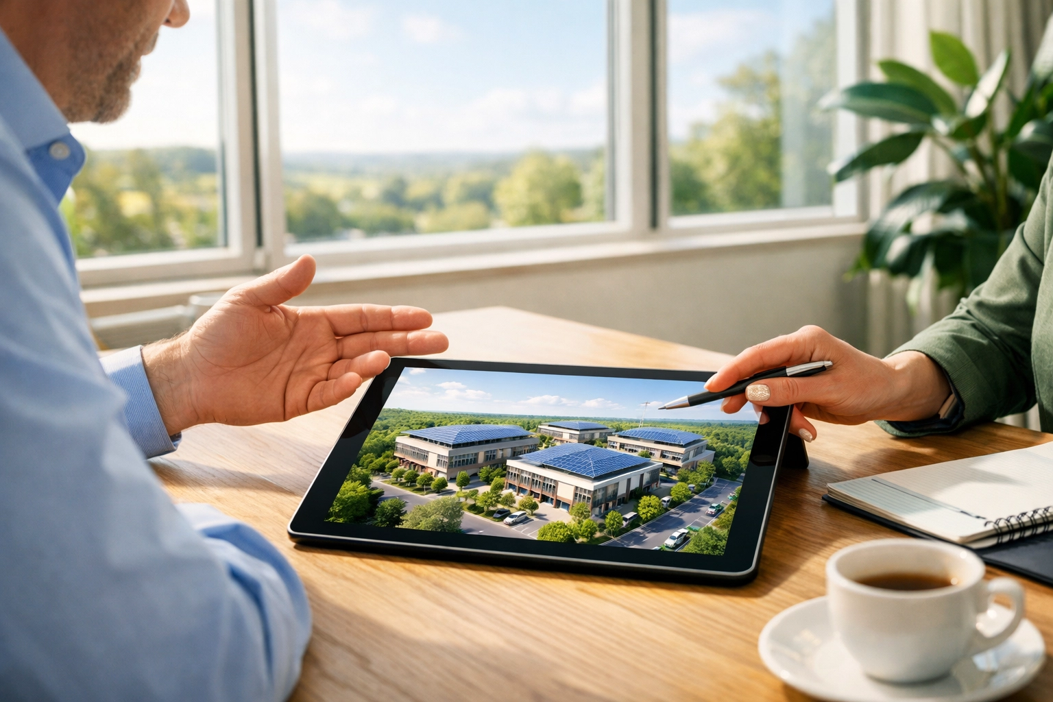 Dorset business owners discussing a commercial solar installation during a consultation.