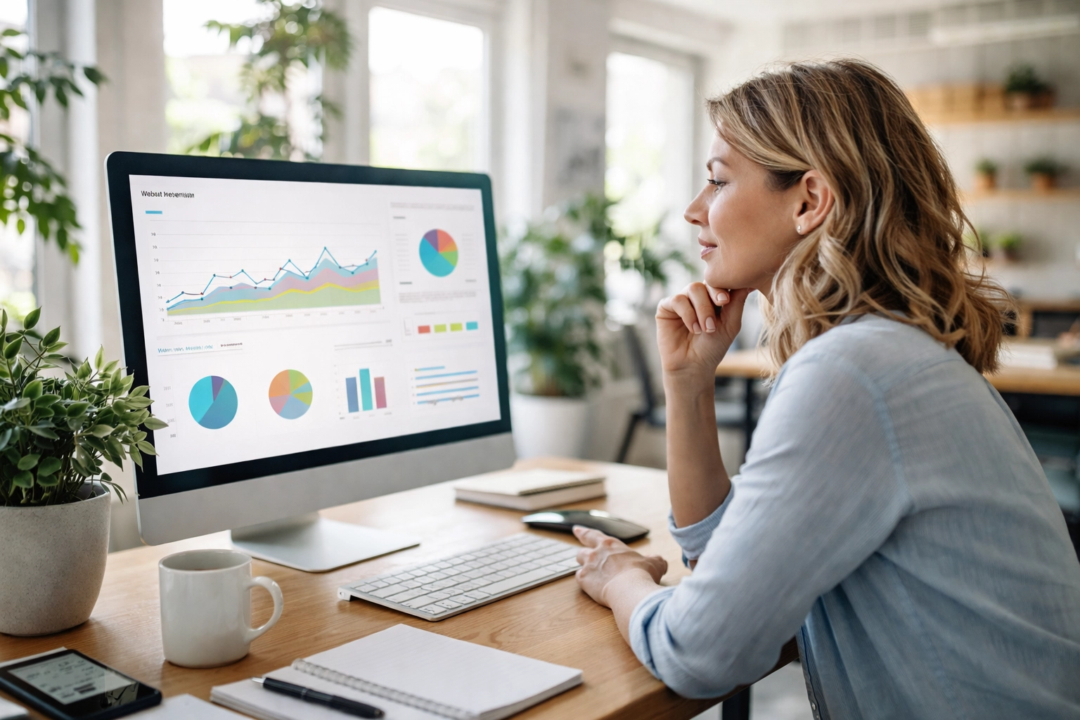 Small business owner reviewing website traffic charts in a modern workspace, reflecting SEO strategy changes.