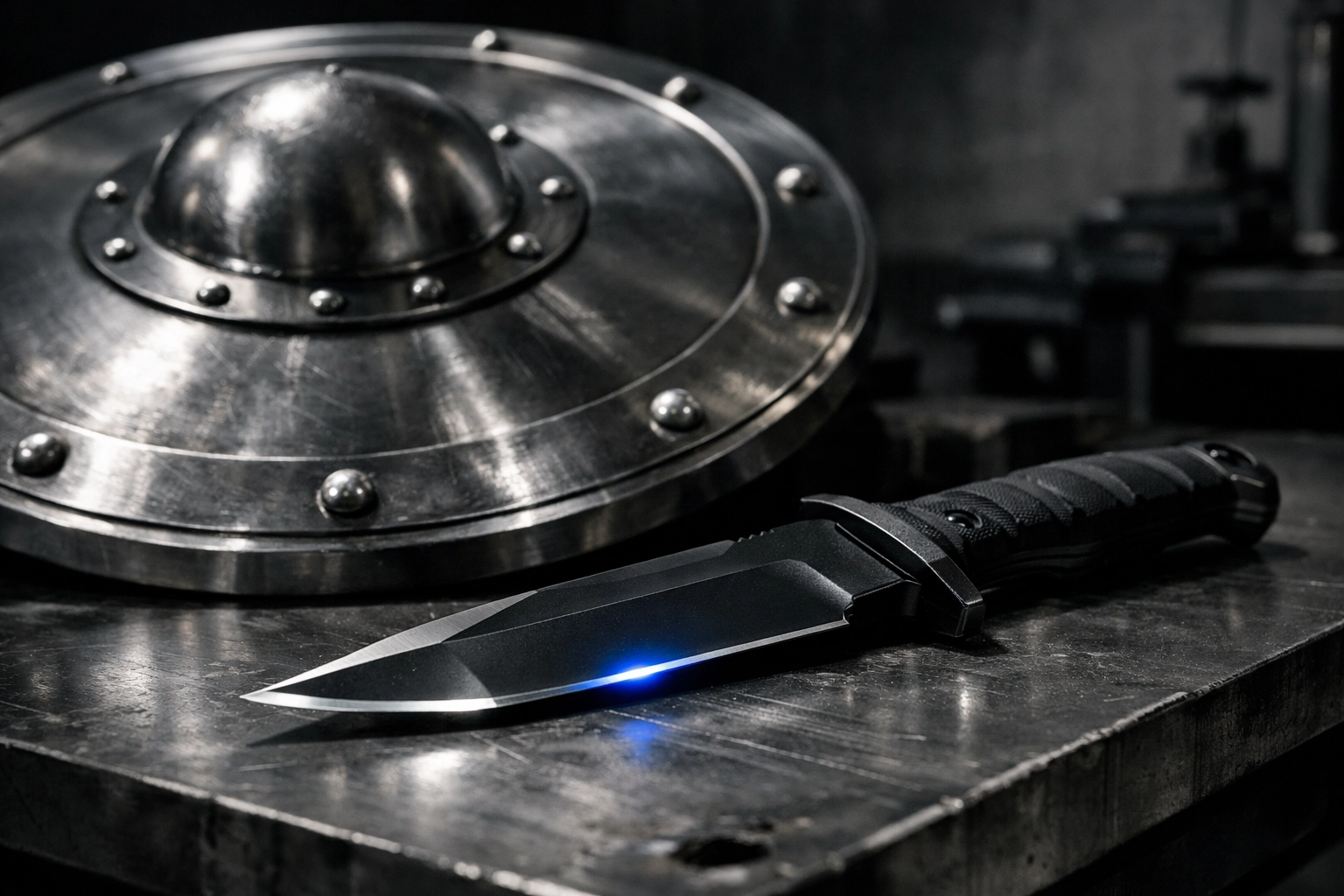 A steel shield and tactical sword on a workbench symbolizing the Asset Armor financial protection and growth strategy.