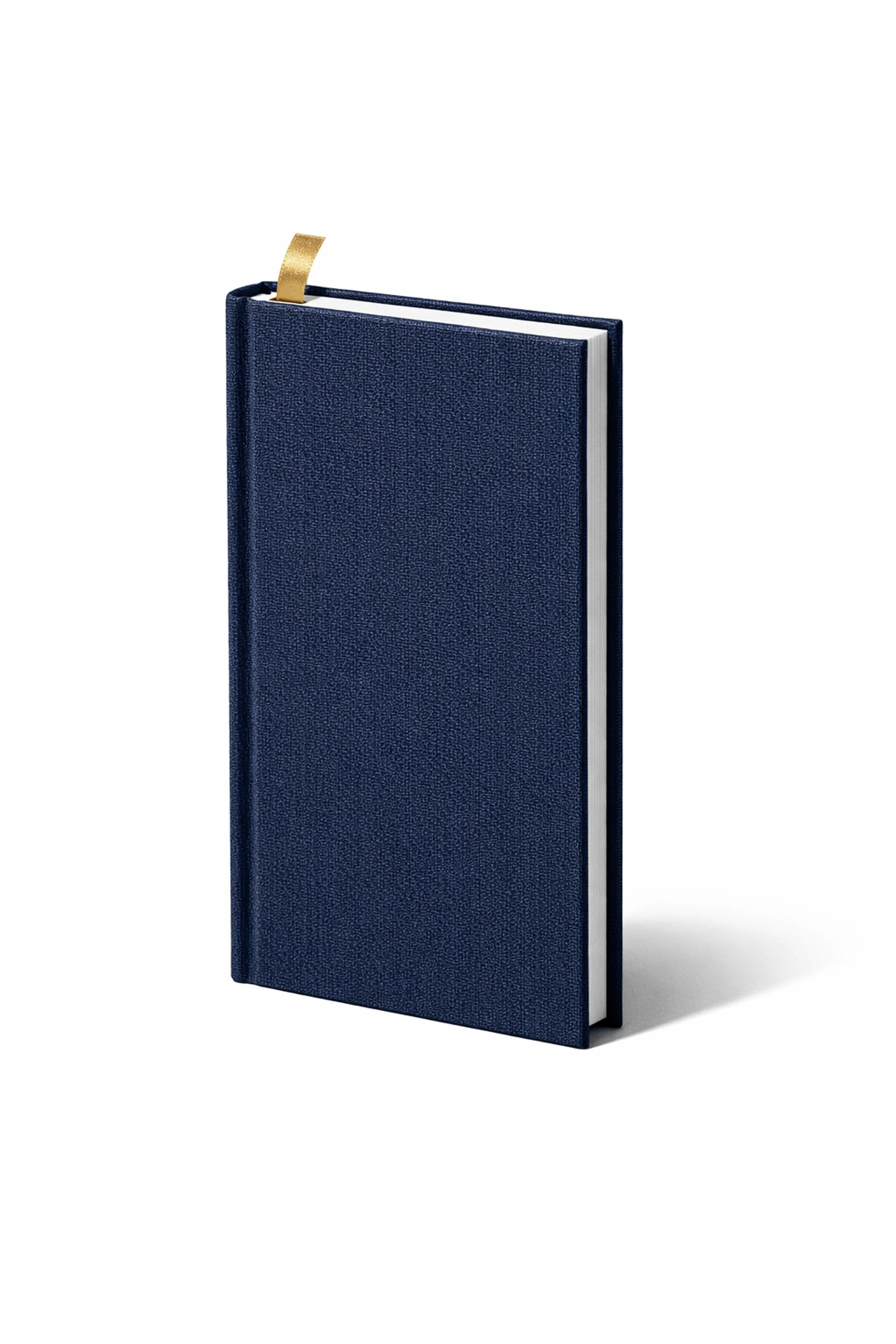 Slim navy blue hardcover book with a gold bookmark, representing high-impact short Booker Prize novels.