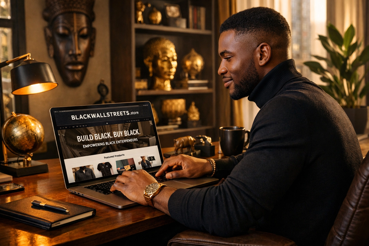 Black entrepreneur in a modern office using the Black Wall Streets store to support Black-owned businesses.