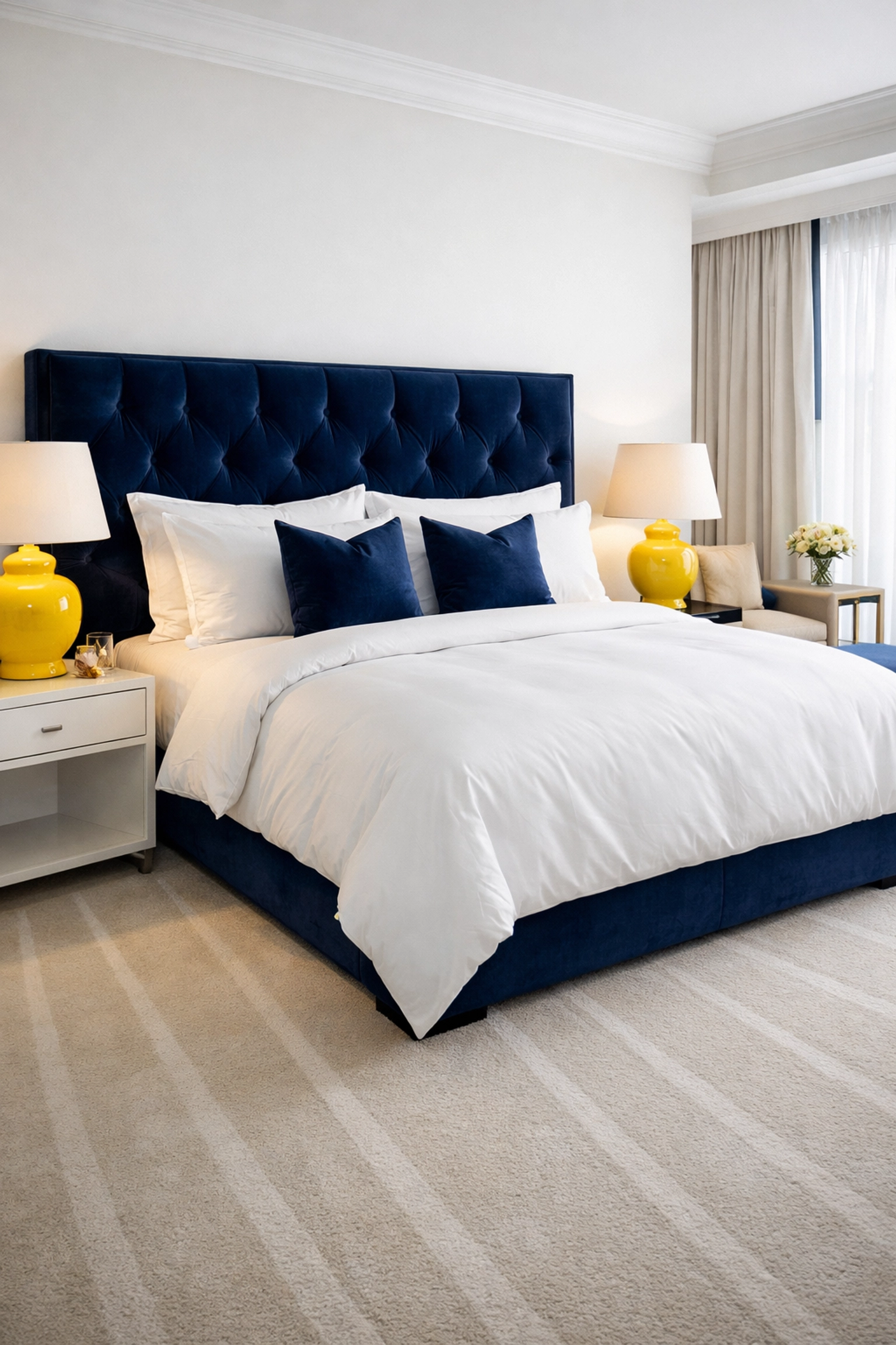 Boutique hotel style bedroom with perfectly made bed and fresh vacuum lines for a 5-star Airbnb review.