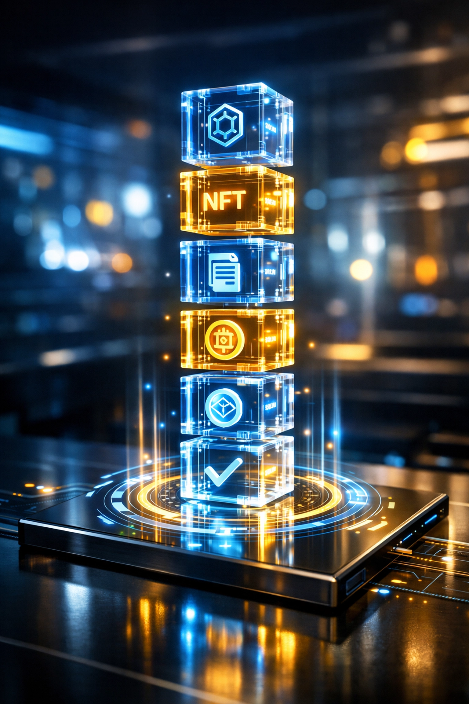 Holographic blockchain ledger illustrating automated NFT receipts for transparent merchant payments.