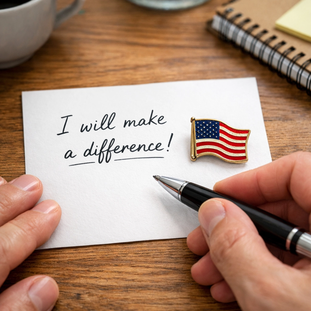 A hand writing a letter of gratitude next to an American flag pin symbolizing civic engagement.