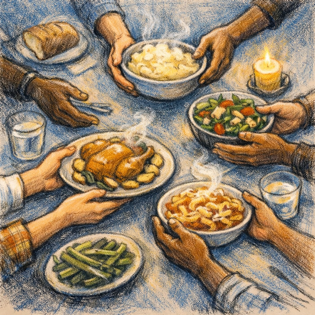 Diverse hands sharing food family-style at church community dinner table