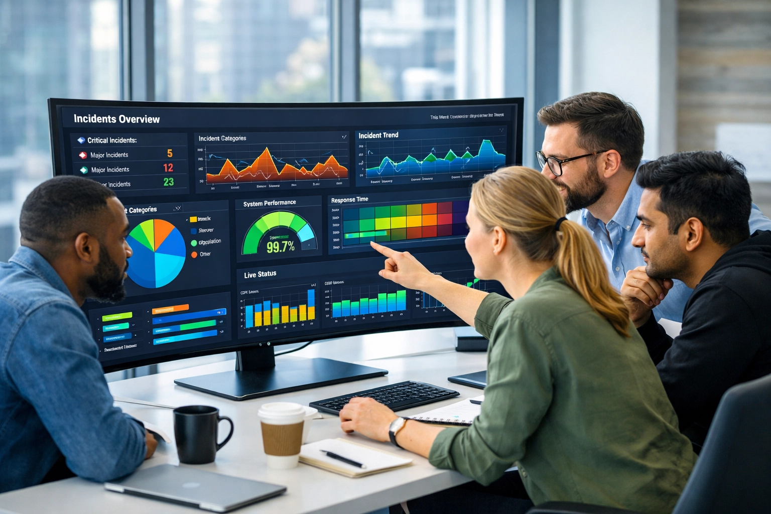 IT team analyzing ServiceNow performance analytics and ITOM incident metrics dashboard