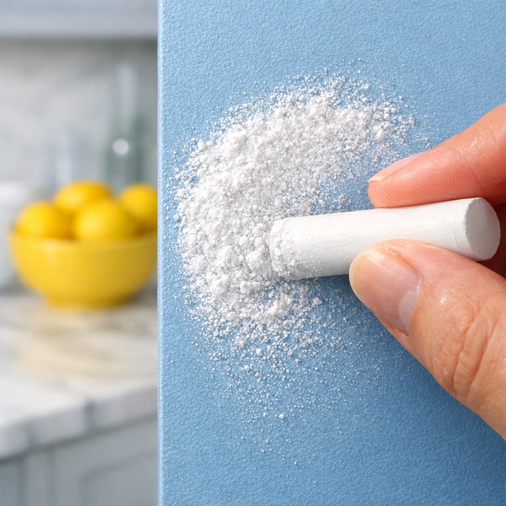 Applying white chalk to a blue wall to absorb and lift a grease stain.