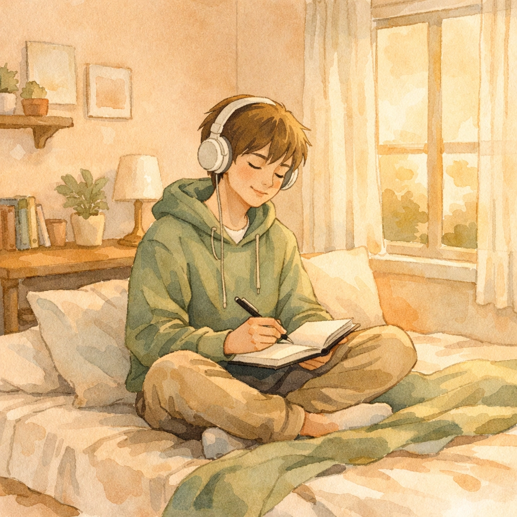 Teenage boy journaling peacefully in bedroom showing healthy coping skills