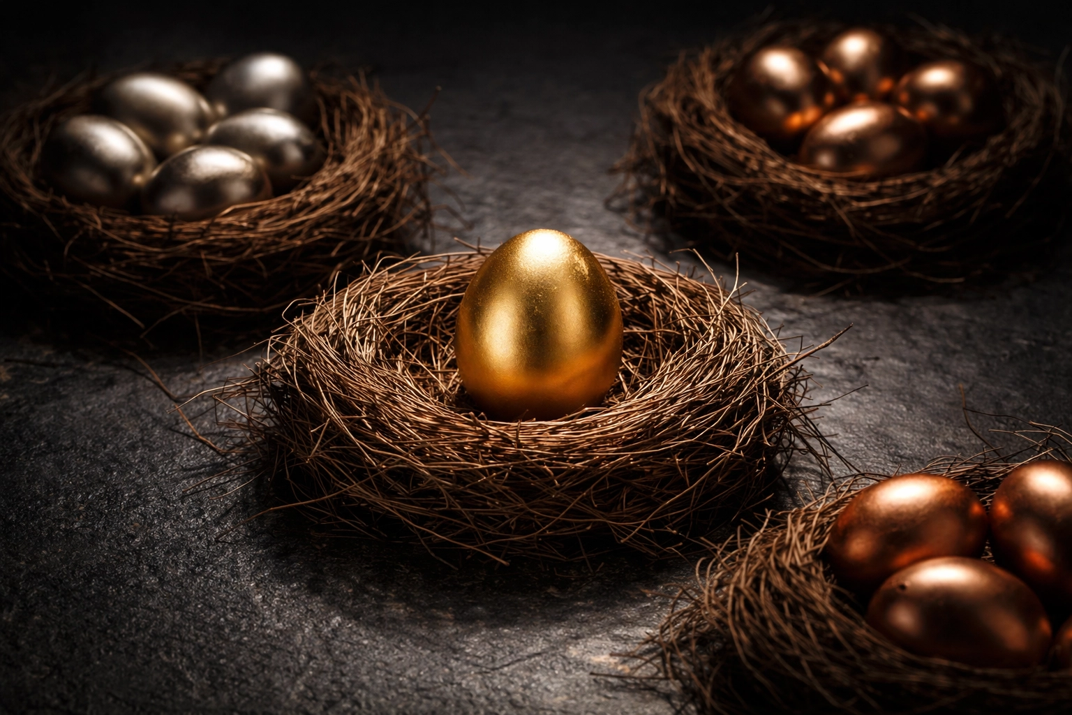 A golden egg in a nest surrounded by other metallic eggs, symbolizing diversified and concentrated asset risk