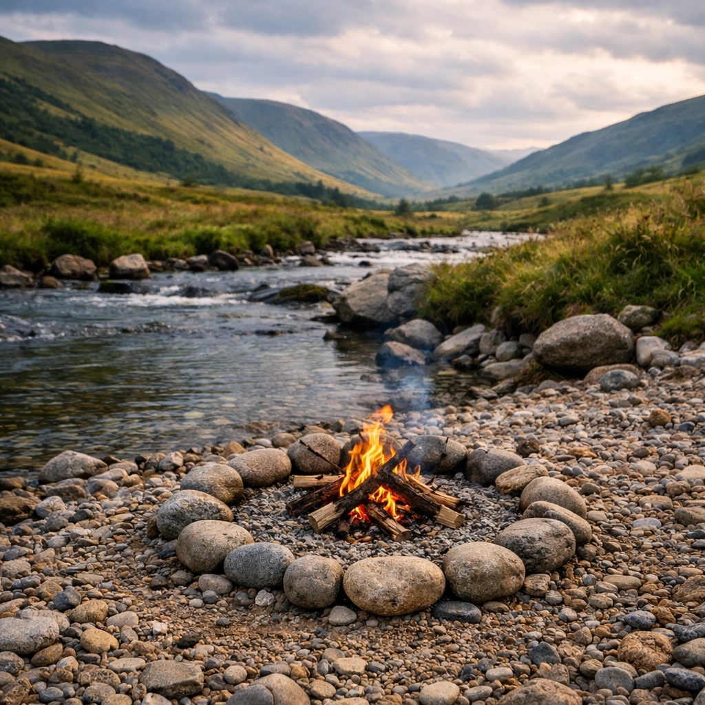 Safe fire setup on a rocky riverbank in the UK countryside to avoid lighting fires on peaty ground.