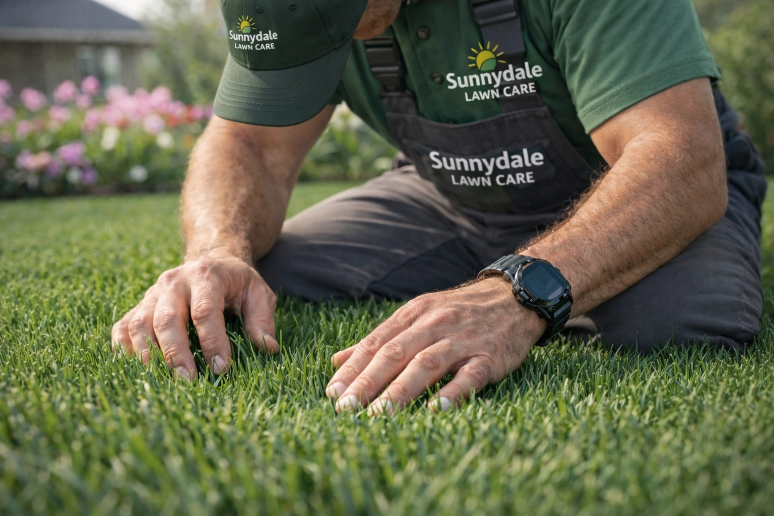 Professional lawn technician inspecting healthy turf and soil at a residential property.