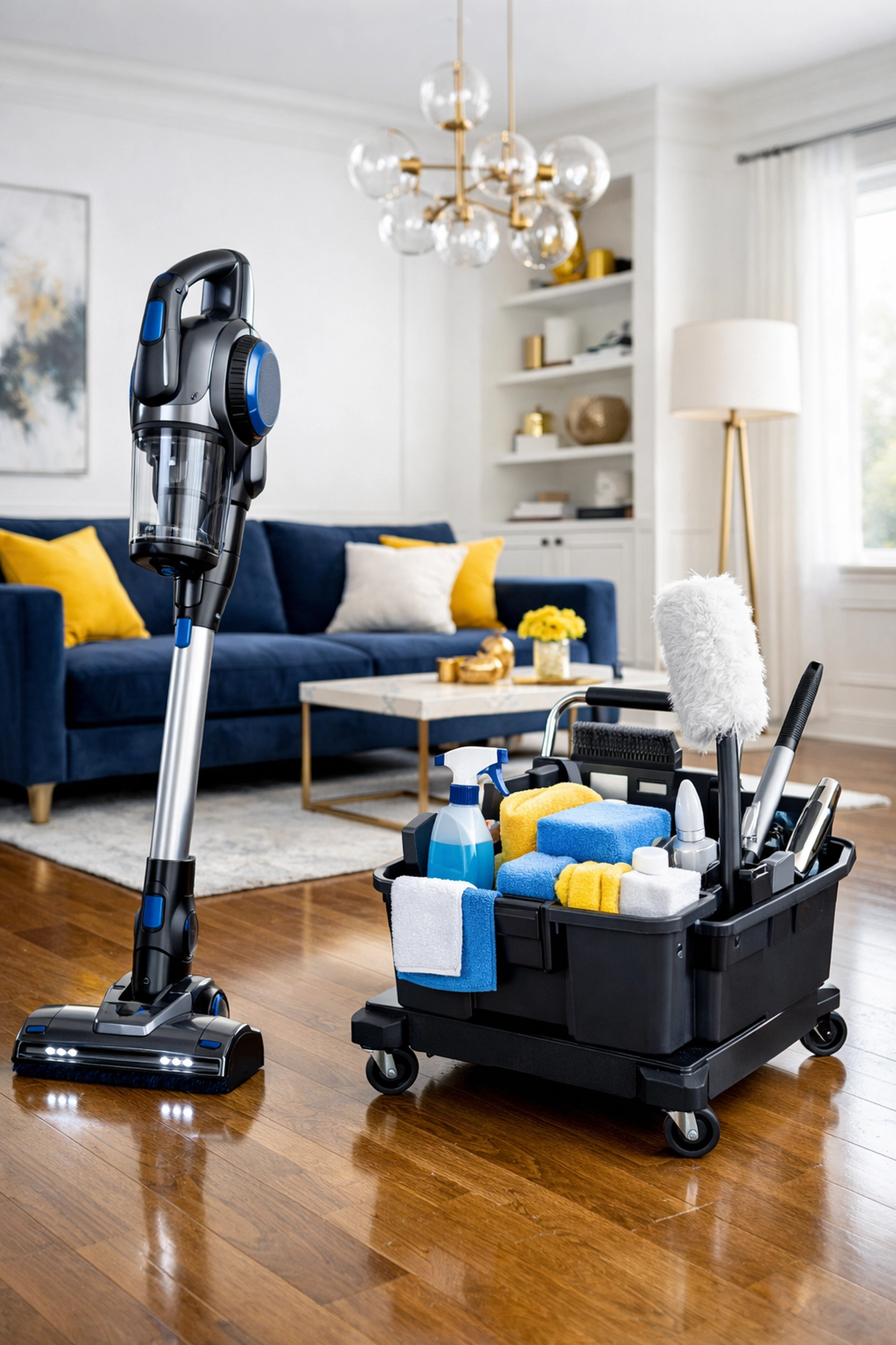 Professional equipment used by top house cleaning services in MA in a spotless modern living room.
