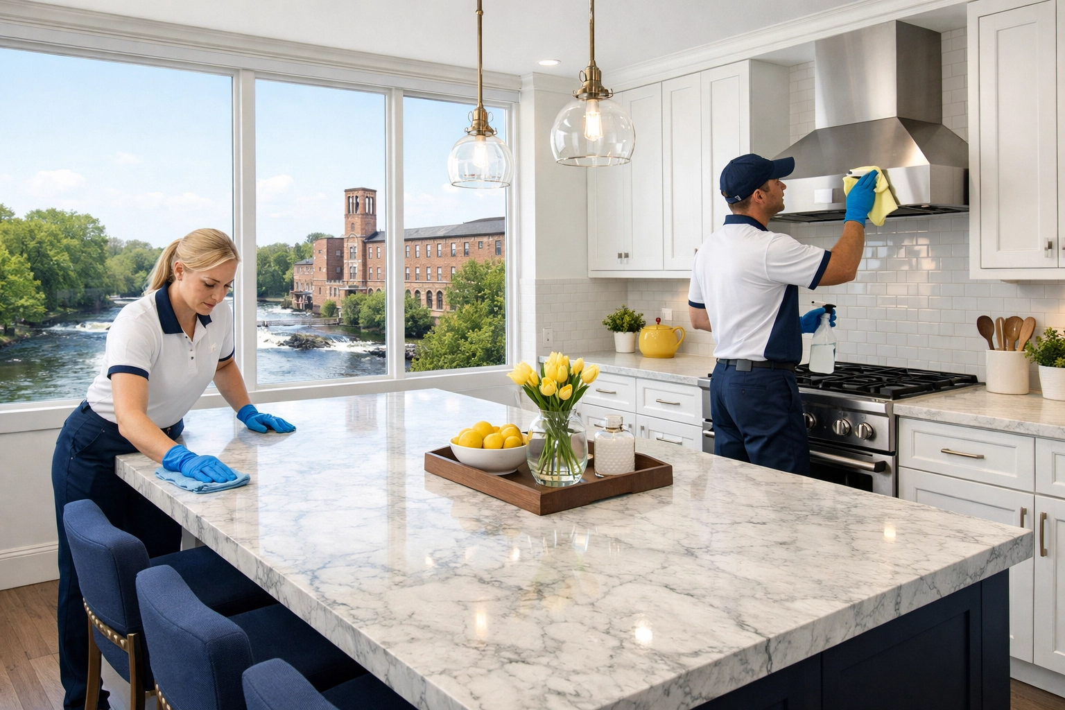 Professional cleaners performing house cleaning Lowell MA in a modern kitchen with a view of the river.