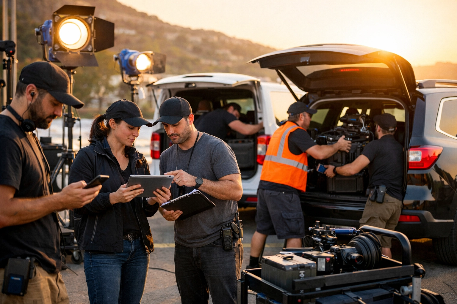 Entertainment production crew coordinating with transportation services for location shoot logistics
