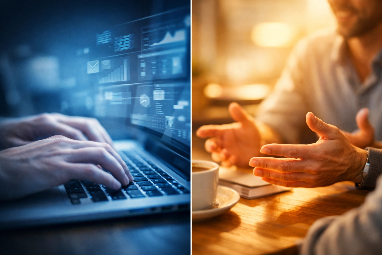 Contrast between AI efficiency and human connection through technology use and personal interaction