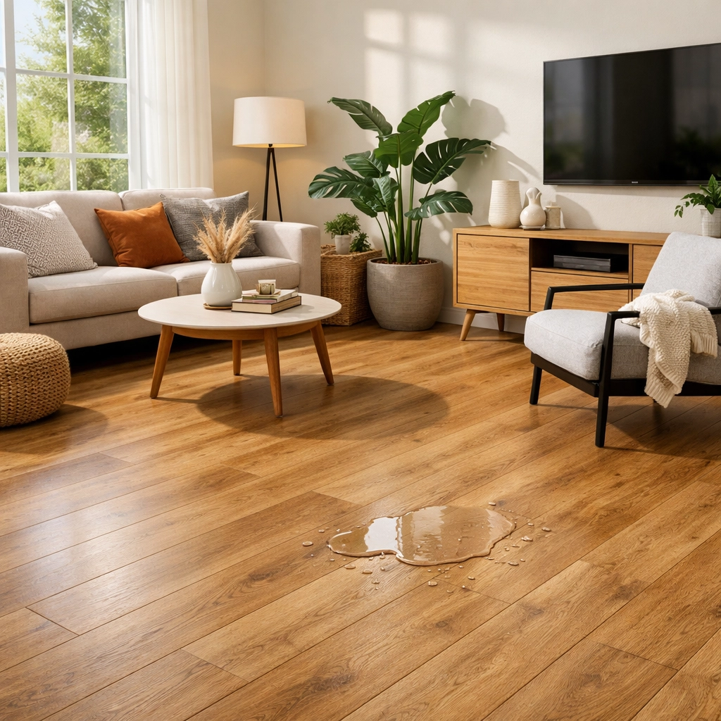 Waterproof luxury vinyl plank flooring in modern Orlando living room demonstrating humidity resistance