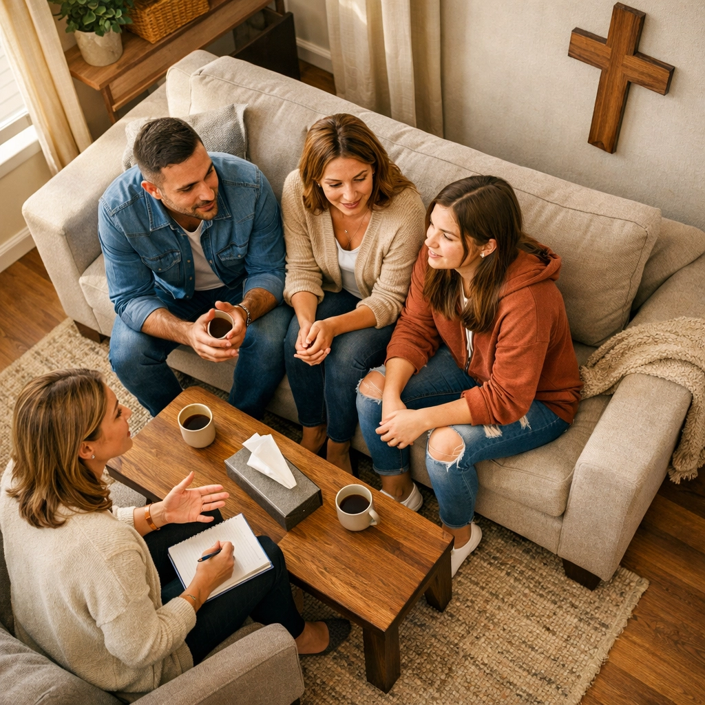 Family in faith-based counseling session with parents and teen daughter bridging communication gap