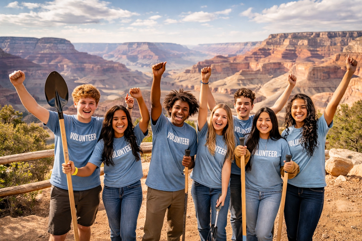 Diverse high school group celebrates their completed Grand Canyon service project with the canyon in the background