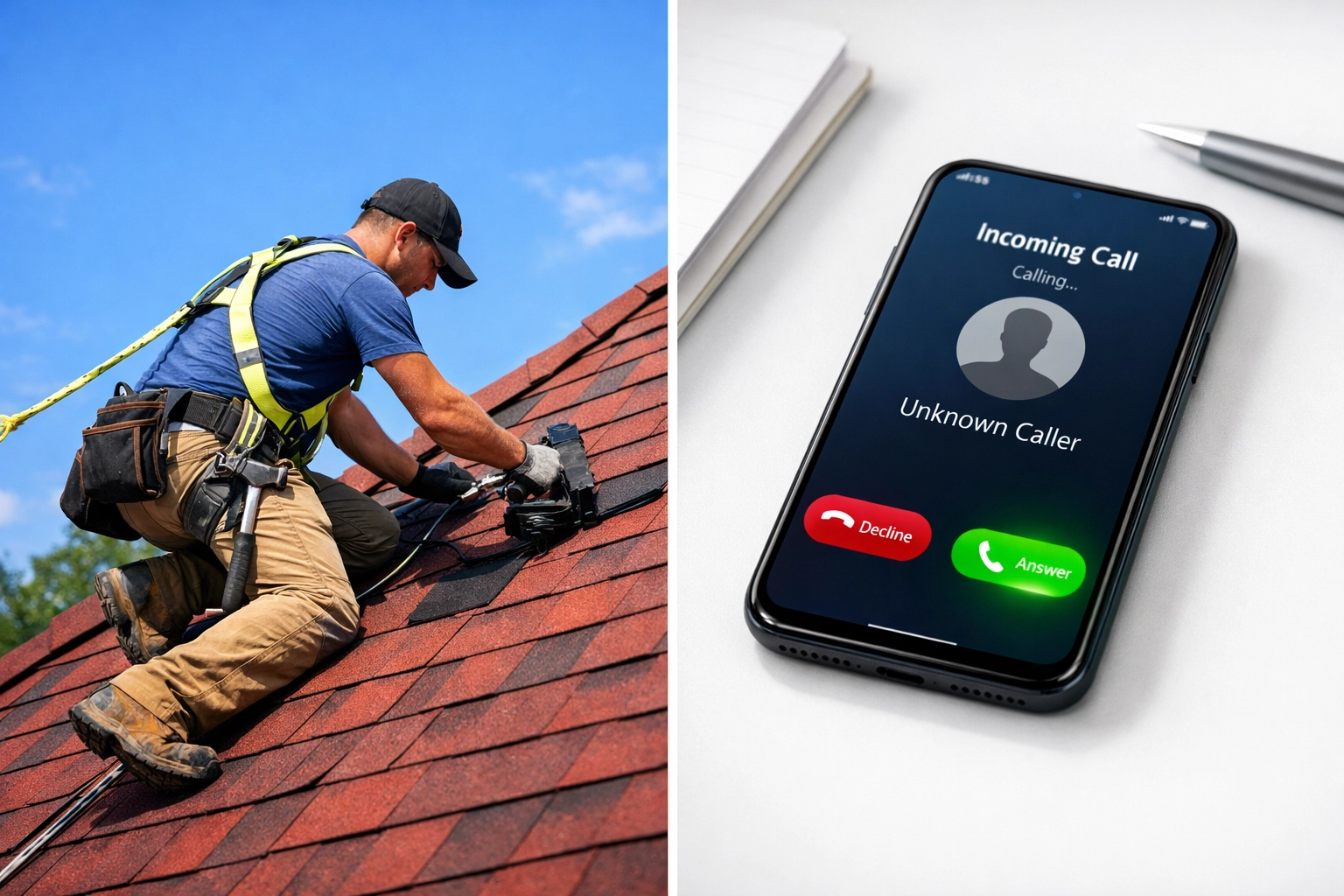 Roofer on job site unable to answer incoming phone call from potential customer