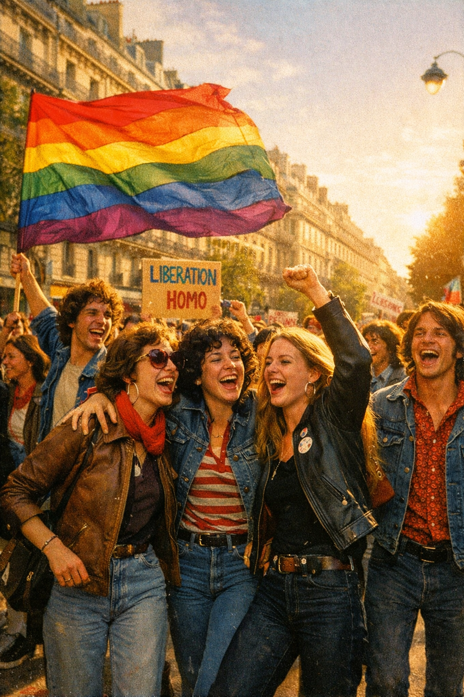 Gay and lesbian activists celebrate during a 1970s Parisian Pride protest for liberation.