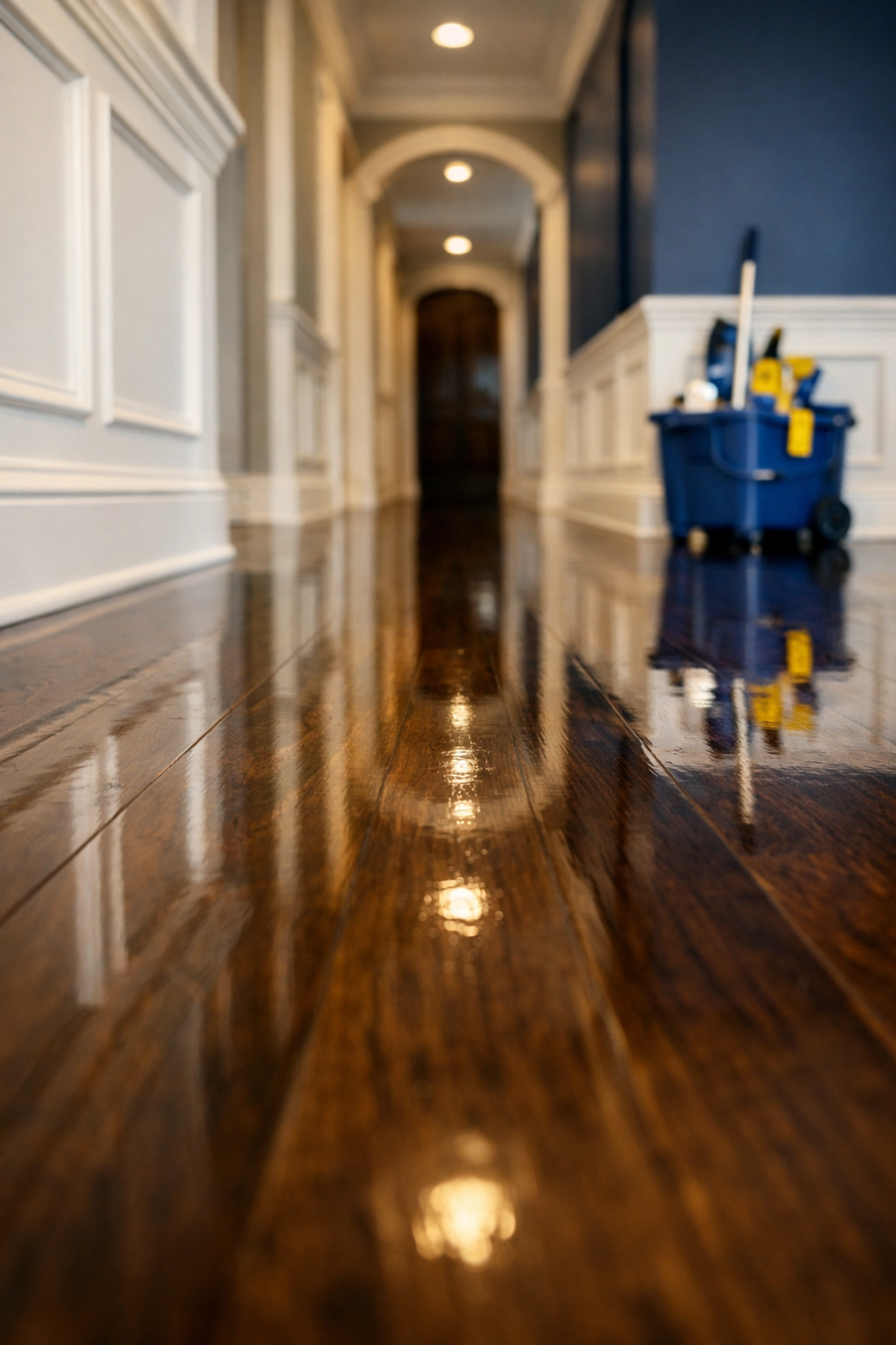 Reflective dark walnut floors in a grand hallway after expert residential cleaning Massachusetts.