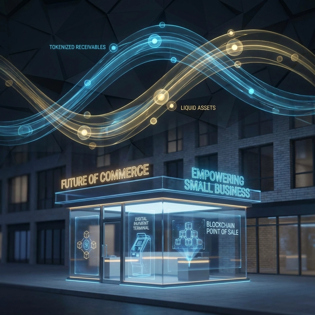 A modern dashboard visualizing tokenized receivables and crypto POS payments for small businesses with a digital storefront.