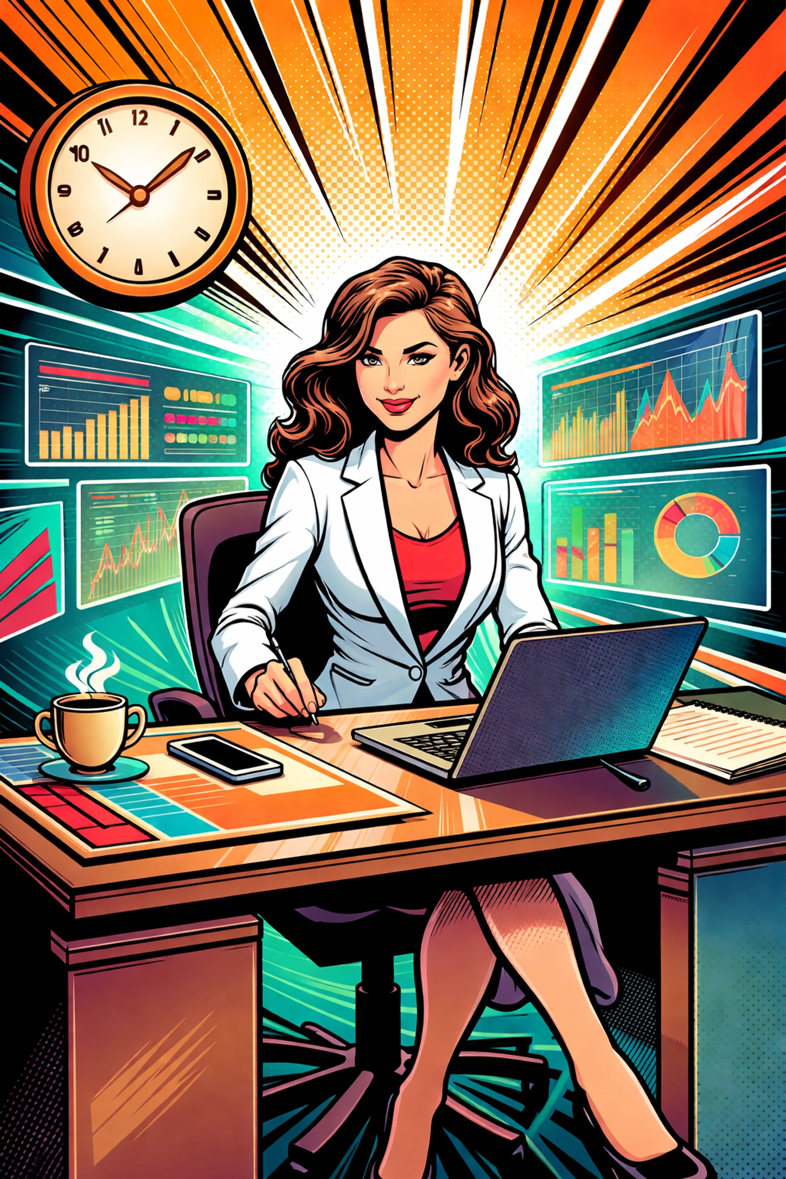 Confident businesswoman at desk with digital sales data displays, illustrating productivity gains from sales automation