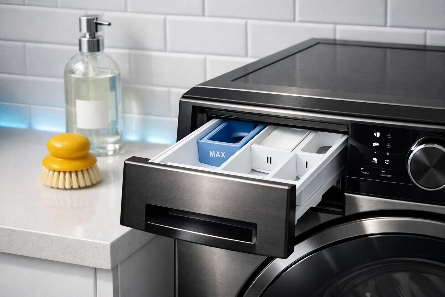 A clean detergent dispenser drawer of a washing machine next to a small yellow scrubbing brush.