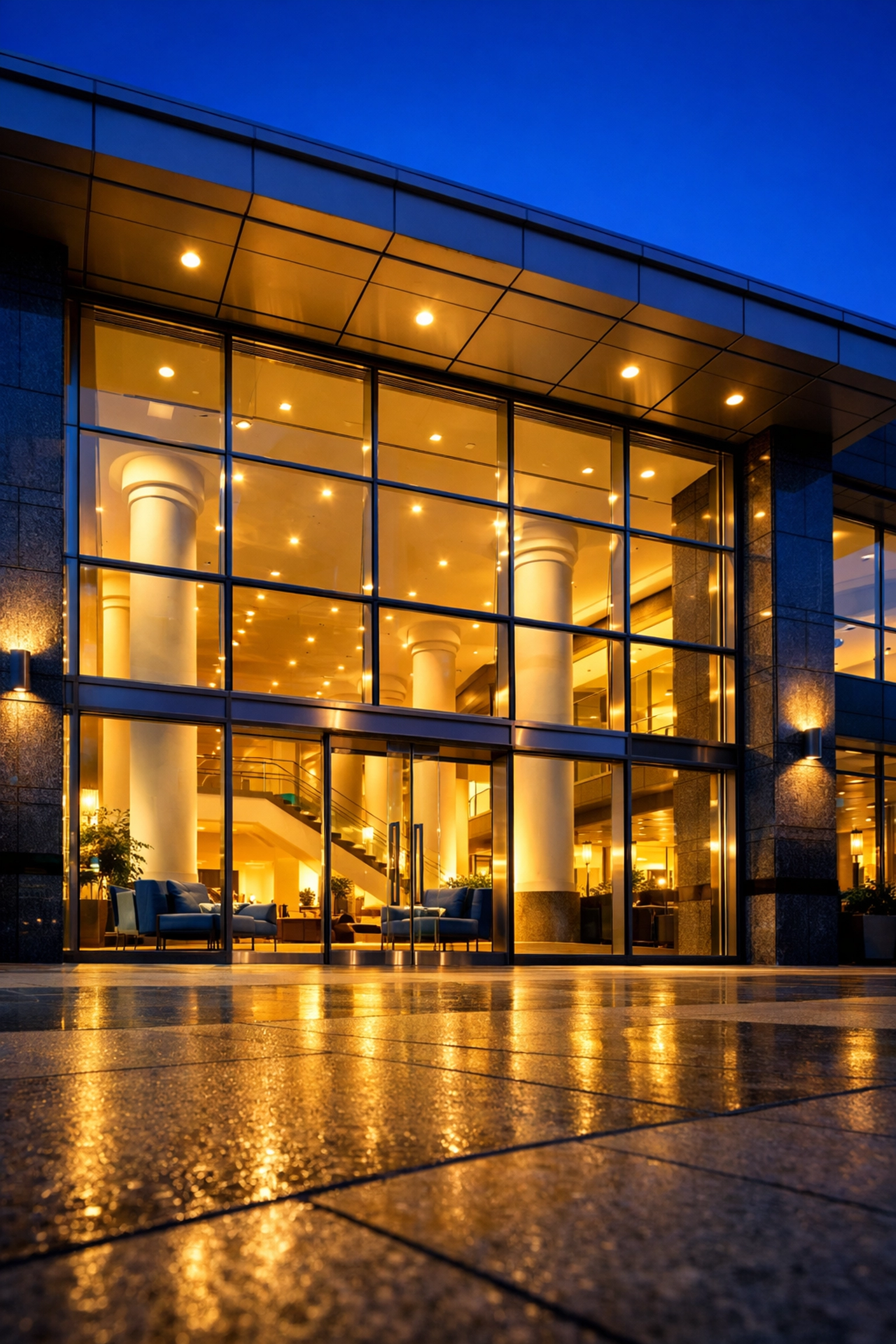 Impeccably maintained commercial building entrance in Holyoke showing a clean, welcoming lobby at twilight.