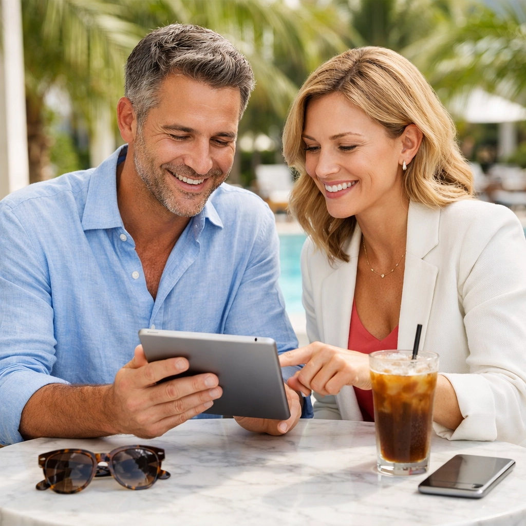 Professionals networking at a sunny Delray Beach cafe, showing the relaxed Florida work lifestyle for New Yorkers.